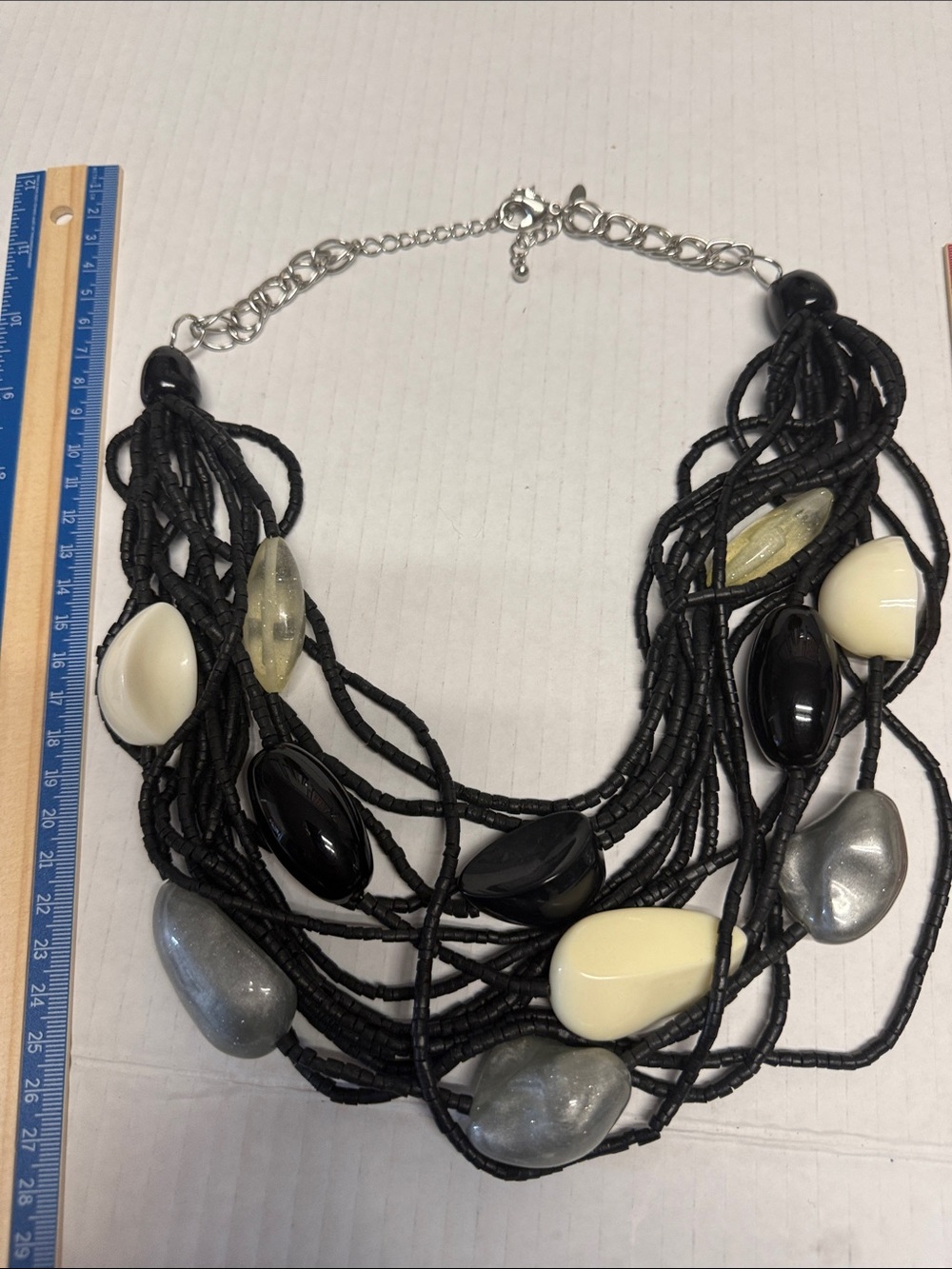 Multi-Strand Black Bead Statement Necklace with Cream, Gray & Black Accents